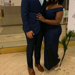 Blue off the shoulder formal gown with split.